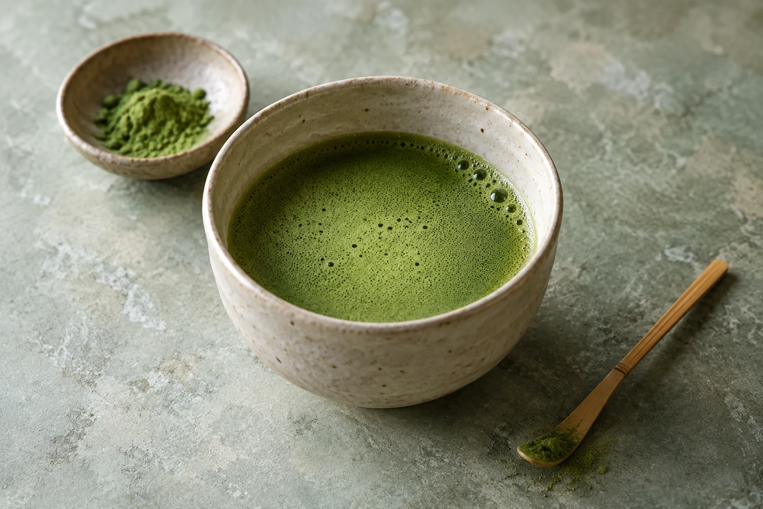 Illustrative ceramic bowl of freshly whisked matcha with powder and a bamboo scoop on a celadon stone table.